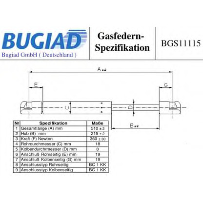 Фото Газовая пружина, крышка багажник BUGIAD BGS11115