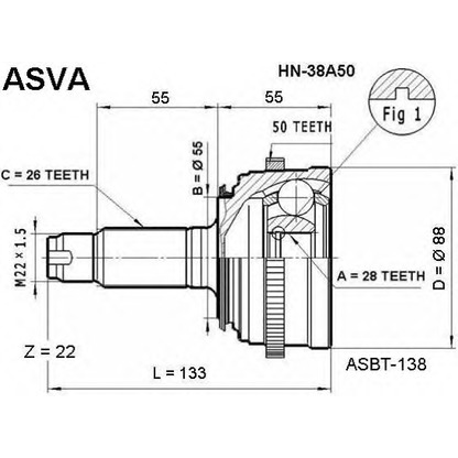 Фото Шарнирный комплект, приводной вал ASVA HN38A50